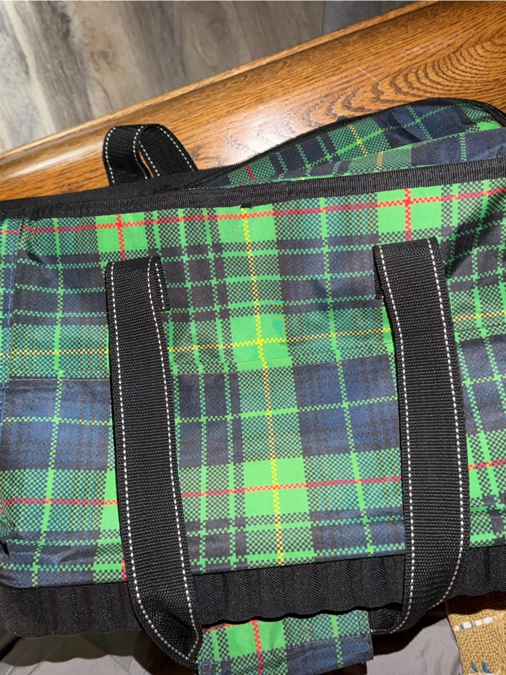 Scout Green Plaid Tote Bag with Black Trim